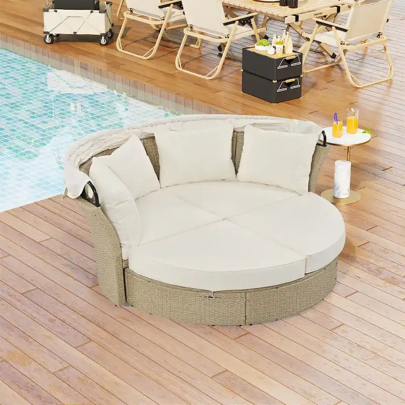 Divano letto matrimoniale da esterni in rattan con tettoia retrattile e 4 cuscini