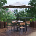 Tavolo da patio effetto teak quadrato da 35", 4 sedie e ombrellone da patio da 9 piedi con base