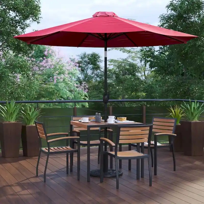 35 Square Faux Teak Patio Table, 4 Chairs and 9FT Patio Umbrella with Base