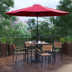 35 Square Faux Teak Patio Table, 4 Chairs and 9FT Patio Umbrella with Base