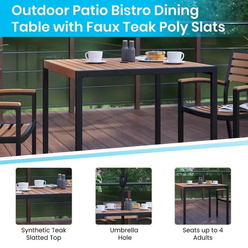 Tavolo da patio effetto teak quadrato da 35", 4 sedie e ombrellone da patio da 9 piedi con base