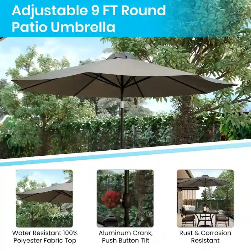 Tavolo da patio effetto teak quadrato da 35", 4 sedie e ombrellone da patio da 9 piedi con base