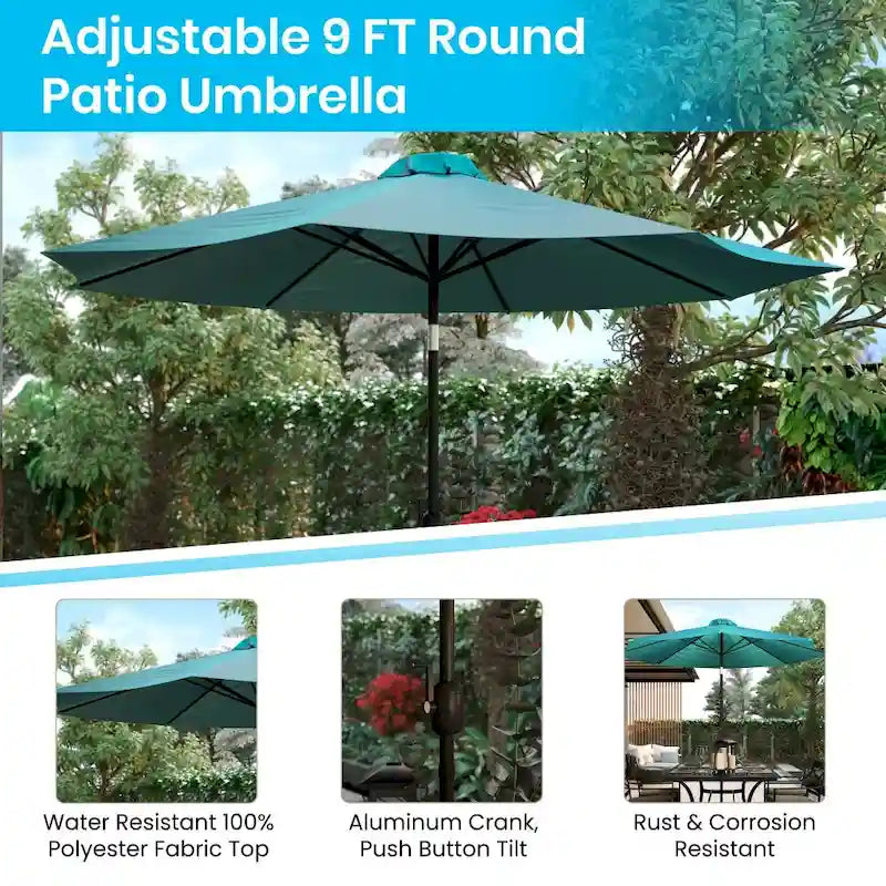 Tavolo da patio effetto teak quadrato da 35", 4 sedie e ombrellone da patio da 9 piedi con base