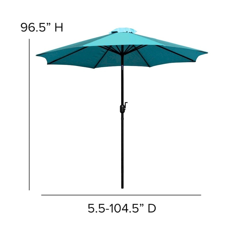 Tavolo da patio effetto teak quadrato da 35", 4 sedie e ombrellone da patio da 9 piedi con base