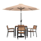 Tavolo da patio effetto teak quadrato da 35", 4 sedie e ombrellone da patio da 9 piedi con base