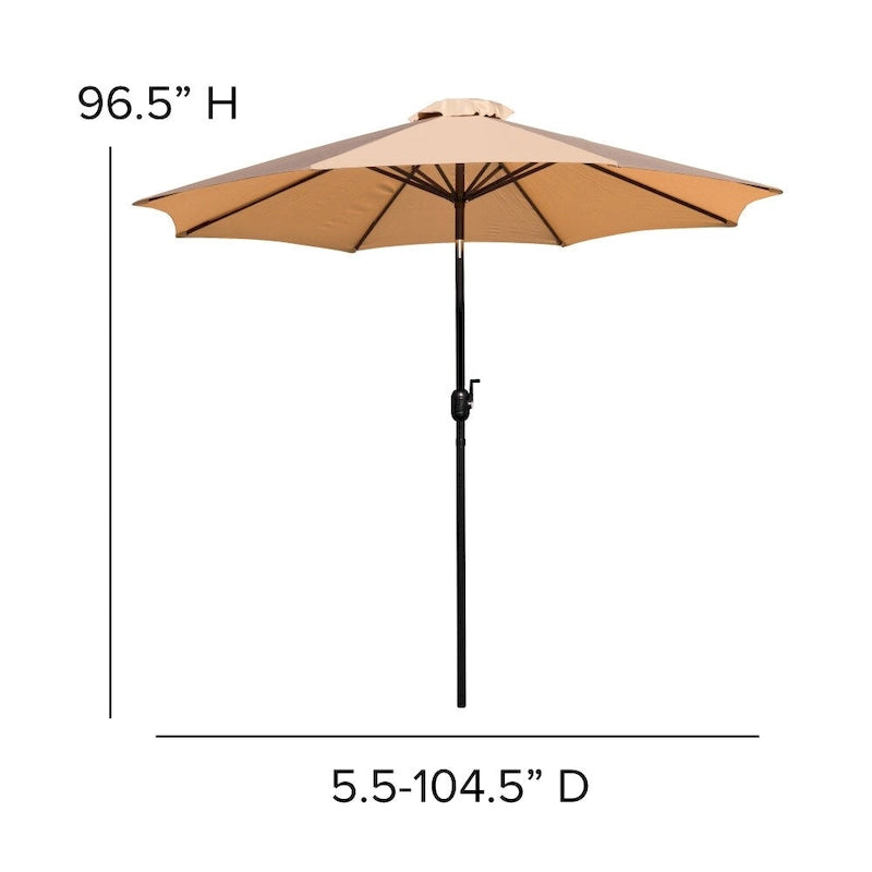 Tavolo da patio effetto teak quadrato da 35", 4 sedie e ombrellone da patio da 9 piedi con base