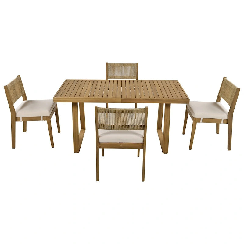 Set da pranzo da esterni in legno di acacia, 5 pezzi, con tavolo e sedie, cuscini spessi