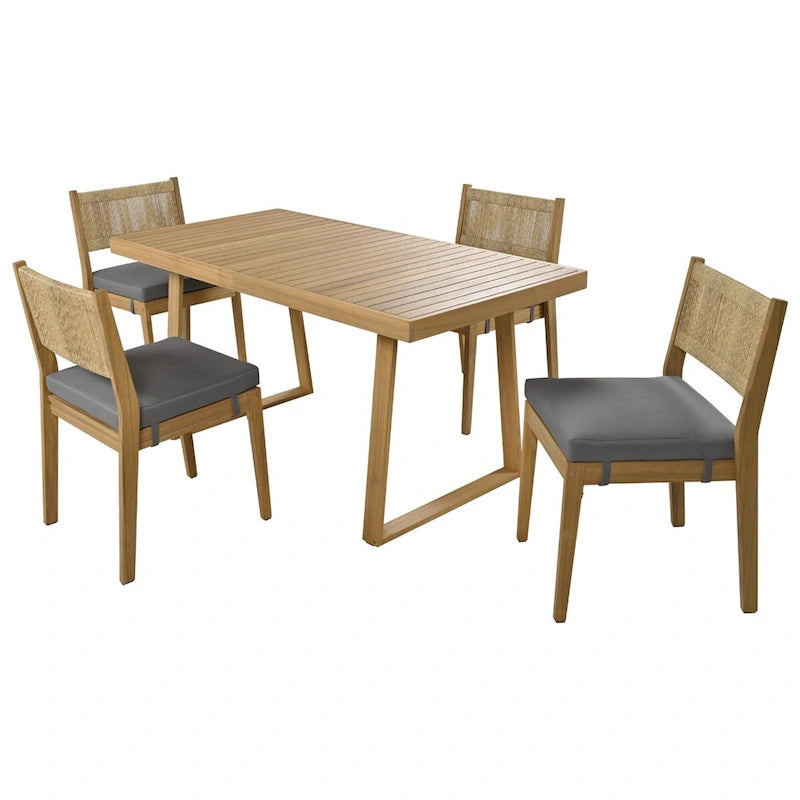 Set da pranzo da esterni in legno di acacia, 5 pezzi, con tavolo e sedie, cuscini spessi