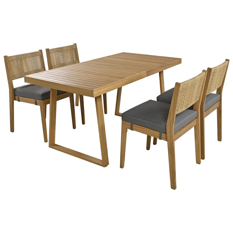 Set da pranzo da esterni in legno di acacia, 5 pezzi, con tavolo e sedie, cuscini spessi