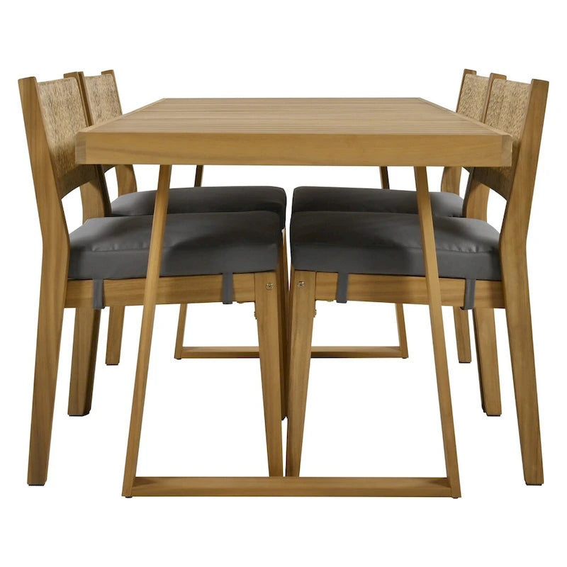 Set da pranzo da esterni in legno di acacia, 5 pezzi, con tavolo e sedie, cuscini spessi