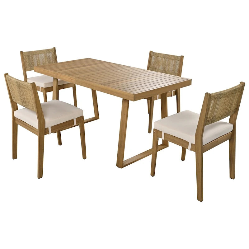 Set da pranzo da esterni in legno di acacia, 5 pezzi, con tavolo e sedie, cuscini spessi