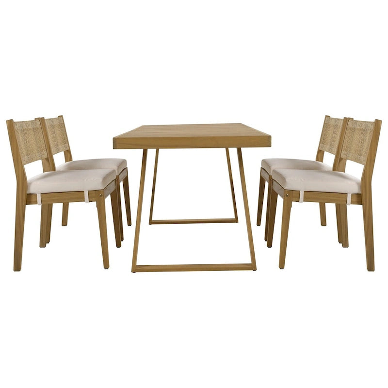 Set da pranzo da esterni in legno di acacia, 5 pezzi, con tavolo e sedie, cuscini spessi