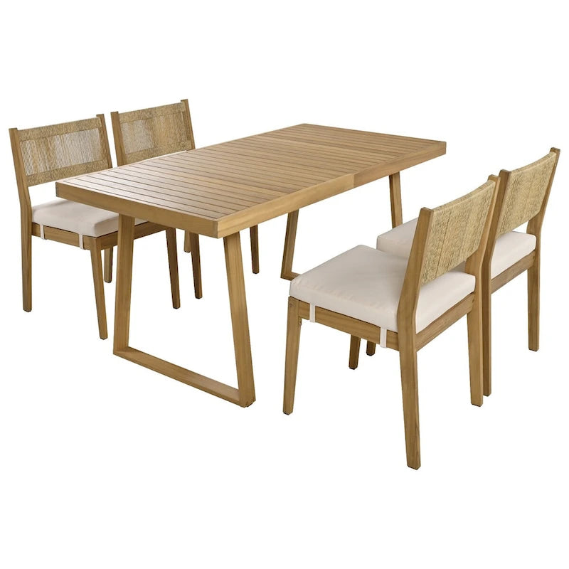 Set da pranzo da esterni in legno di acacia, 5 pezzi, con tavolo e sedie, cuscini spessi