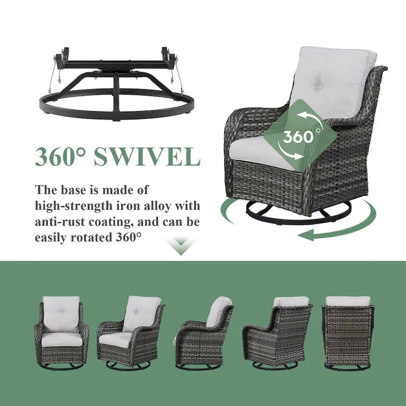 Poltrona a dondolo Pocassy Swivel Chairs Glider con tavolino, in vimini PE - Grigio misto