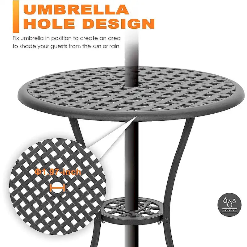 Set da Patio in Alluminio Pressofuso Tavolo e Sedie con Foro per Ombrellone