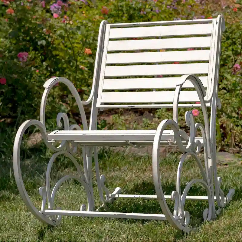 Monte Carlo 1968 Iron Rocking Arm Chair in Antique White - 24.5 L x 42 W x 36.5 H