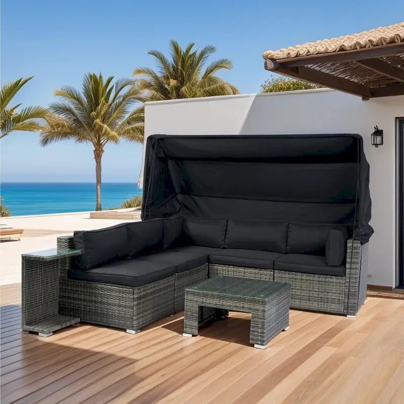 7-Piece Patio Furniture Set w/Retractable Canopy Wicker Rattan Sectional Sofa Set,Washable Cushions,Grey wicker + Black Cushion