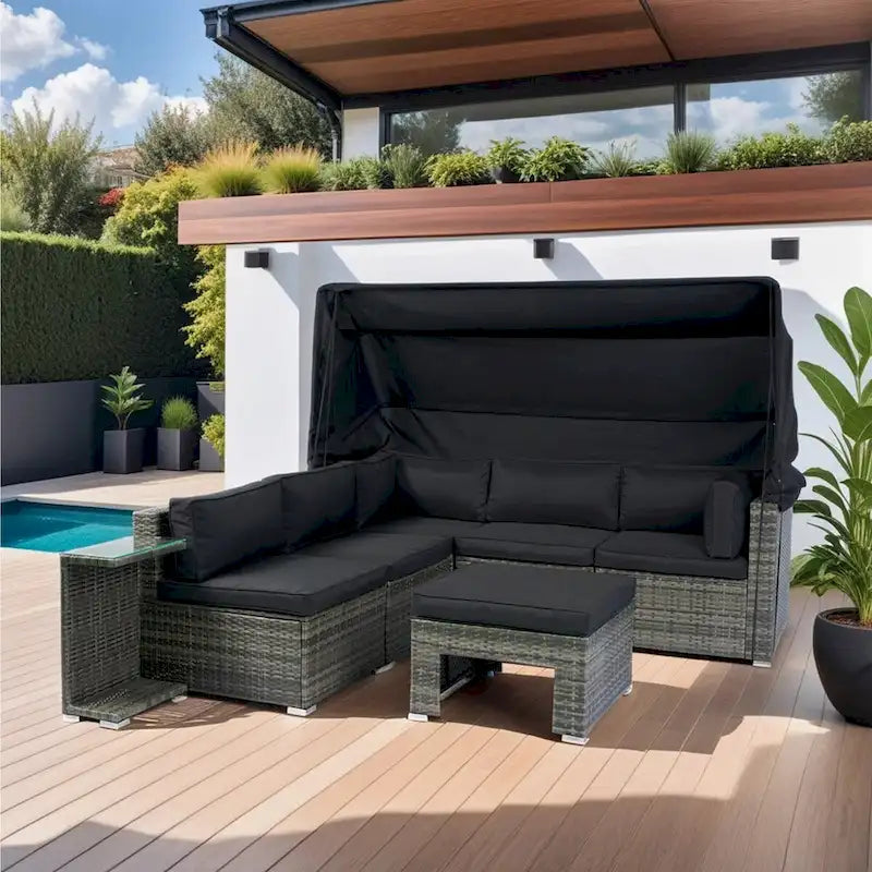 Set da 7 pezzi di mobili da giardino con tettoia retrattile Divano componibile in vimini e rattan, cuscini lavabili, vimini grigio + cuscini neri