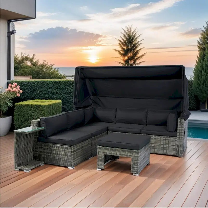 Set da 7 pezzi di mobili da giardino con tettoia retrattile Divano componibile in vimini e rattan, cuscini lavabili, vimini grigio + cuscini neri