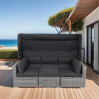Set da 7 pezzi di mobili da giardino con tettoia retrattile Divano componibile in vimini e rattan, cuscini lavabili, vimini grigio + cuscini neri