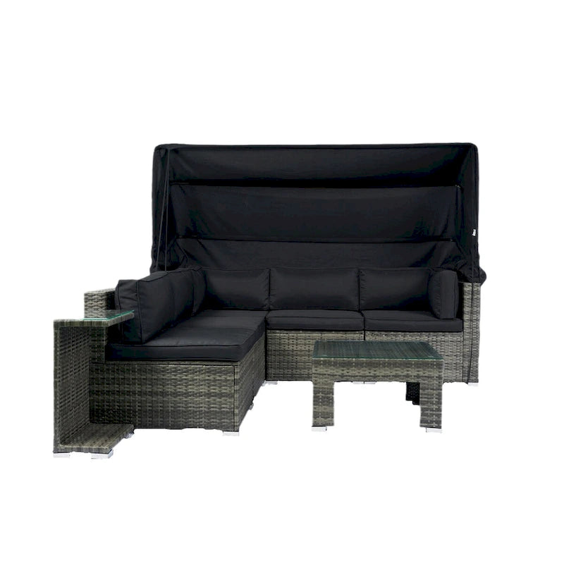 Set da 7 pezzi di mobili da giardino con tettoia retrattile Divano componibile in vimini e rattan, cuscini lavabili, vimini grigio + cuscini neri