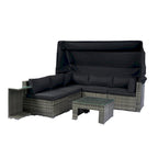 Set da 7 pezzi di mobili da giardino con tettoia retrattile Divano componibile in vimini e rattan, cuscini lavabili, vimini grigio + cuscini neri