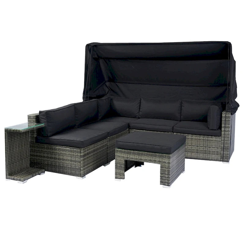 Set da 7 pezzi di mobili da giardino con tettoia retrattile Divano componibile in vimini e rattan, cuscini lavabili, vimini grigio + cuscini neri