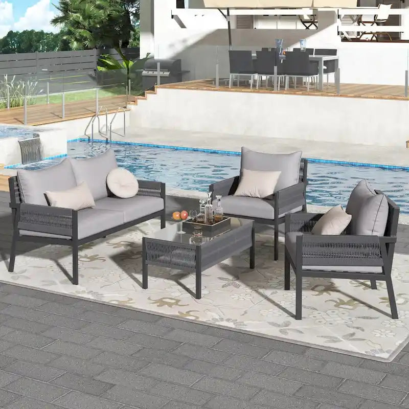 Set da conversazione per esterni: Mobile da giardino con tavolo in vetro temperato, design in corda a 4 pezzi