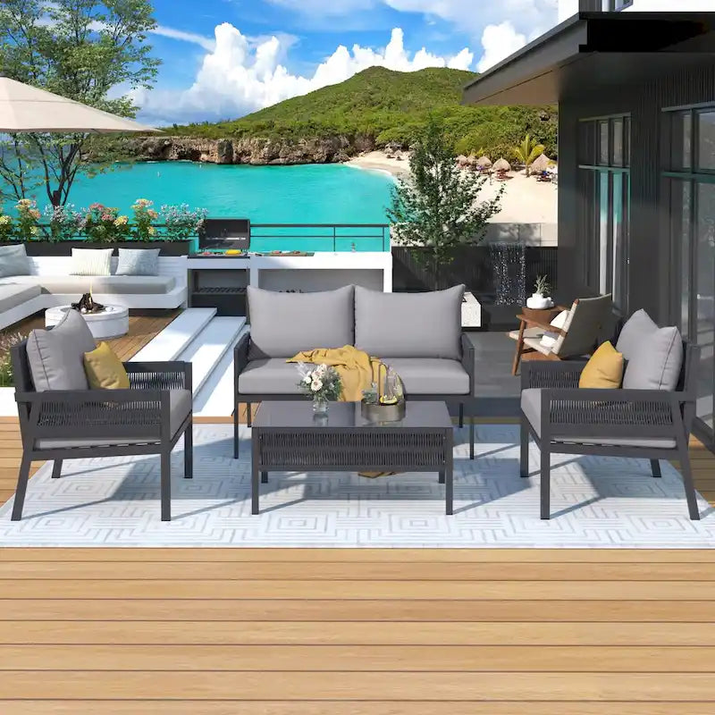 Set da conversazione per esterni: Mobile da giardino con tavolo in vetro temperato, design in corda a 4 pezzi
