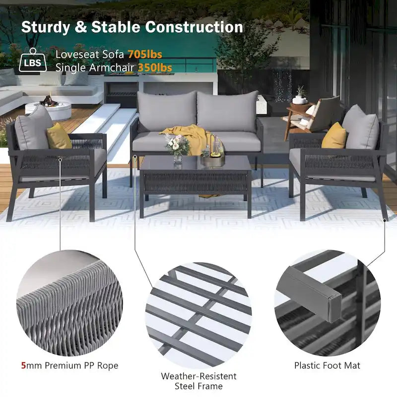 Set da conversazione per esterni: Mobile da giardino con tavolo in vetro temperato, design in corda a 4 pezzi