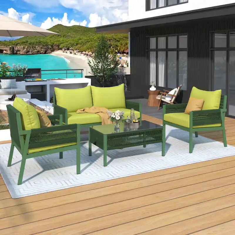 Set da conversazione per esterni: Mobile da giardino con tavolo in vetro temperato, design in corda a 4 pezzi