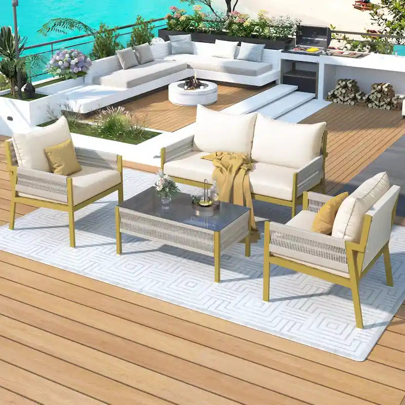 Set da conversazione per esterni: Mobile da giardino con tavolo in vetro temperato, design in corda a 4 pezzi