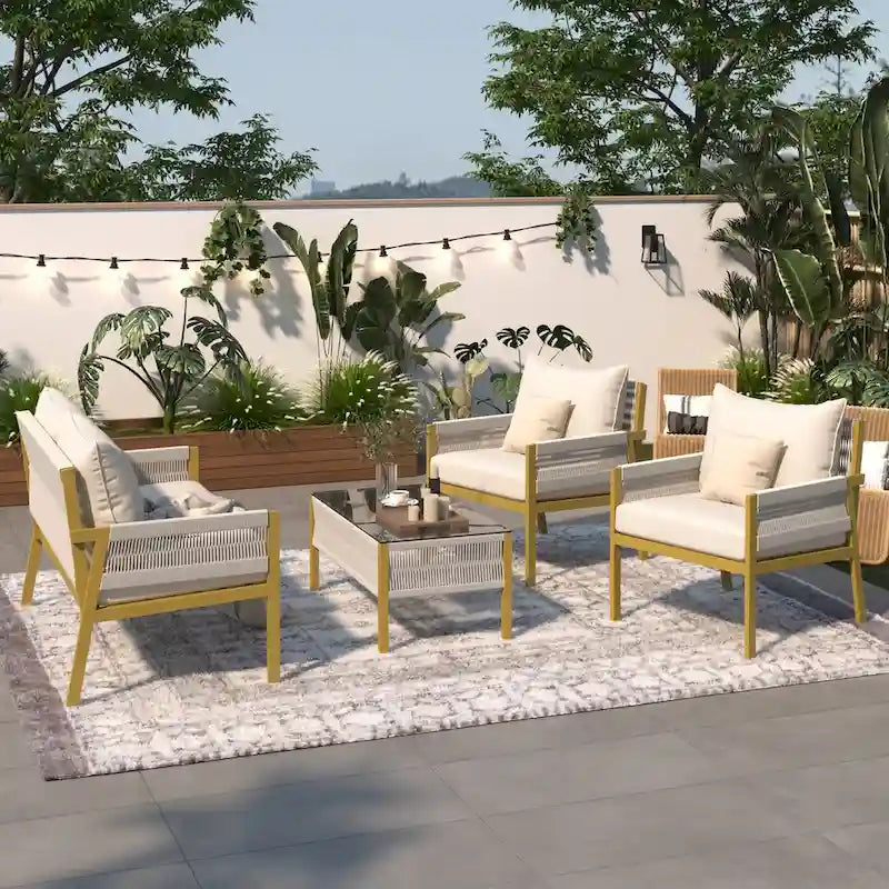 Set da conversazione per esterni: Mobile da giardino con tavolo in vetro temperato, design in corda a 4 pezzi