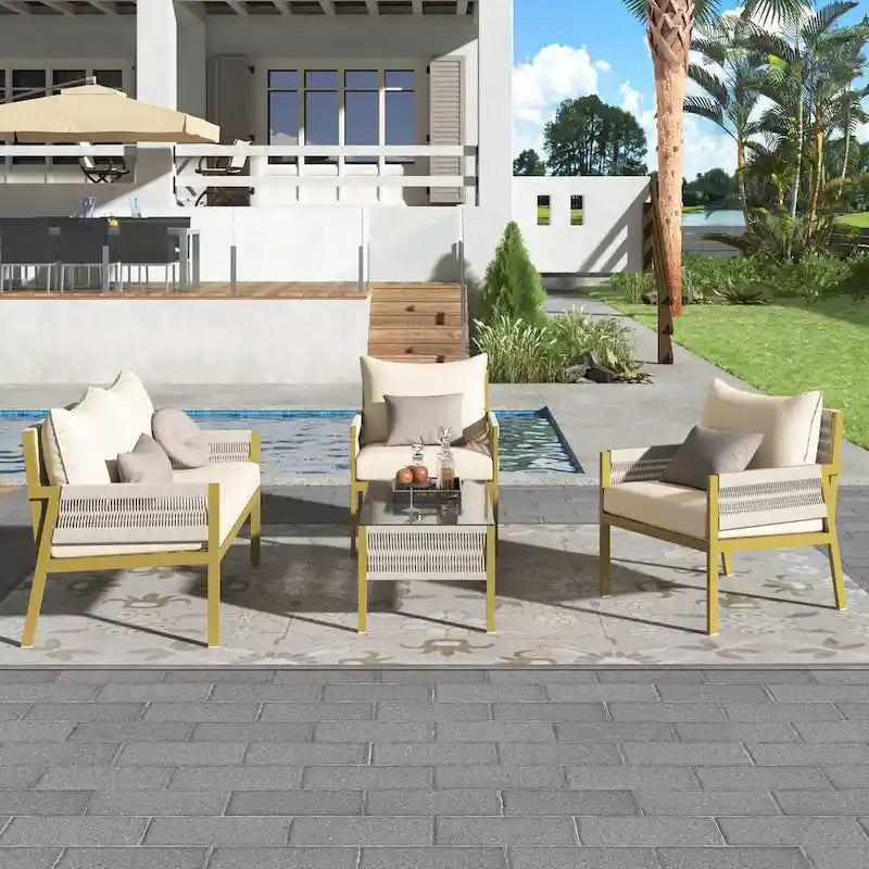 Set da conversazione per esterni: Mobile da giardino con tavolo in vetro temperato, design in corda a 4 pezzi