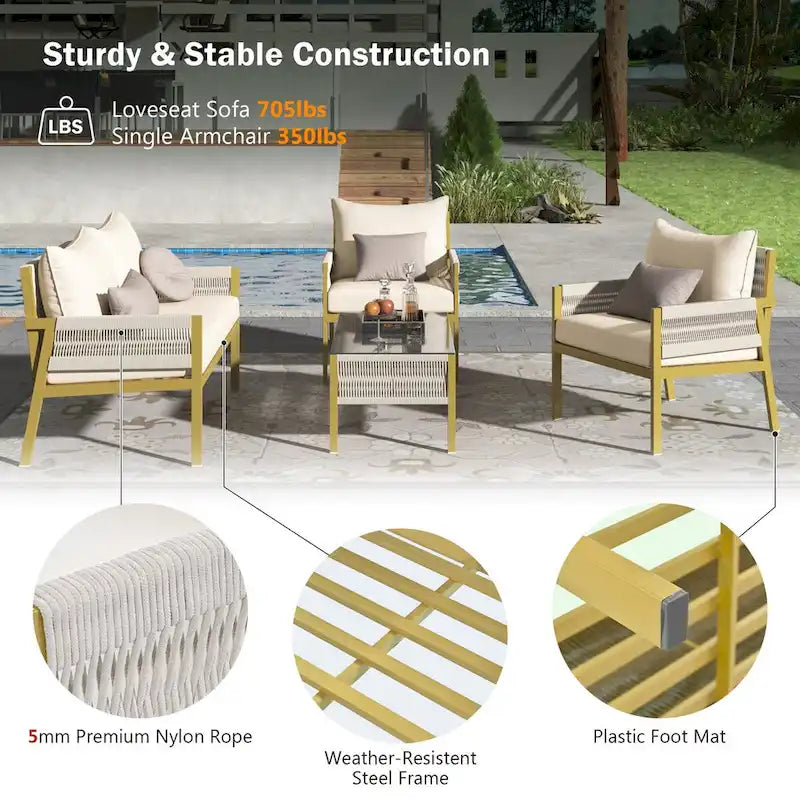 Set da conversazione per esterni: Mobile da giardino con tavolo in vetro temperato, design in corda a 4 pezzi