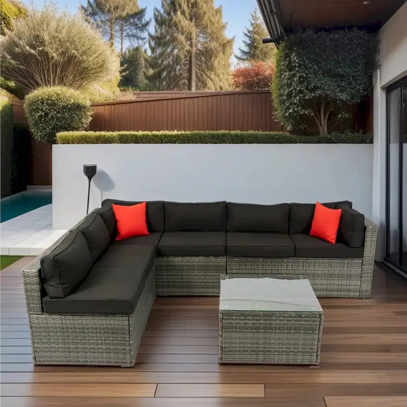 Set Divano Sezionale da Esterno a U in Rattan PE 5 Pezzi con Cuscini, con 2 Cuscini, Vimini Grigio + Cuscino Nero