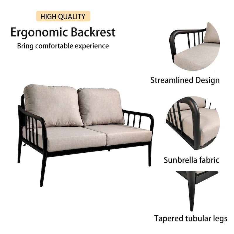 Set da conversazione moderno da esterni: Divanetto in alluminio e tavolino da caffè ovale in Ember Black