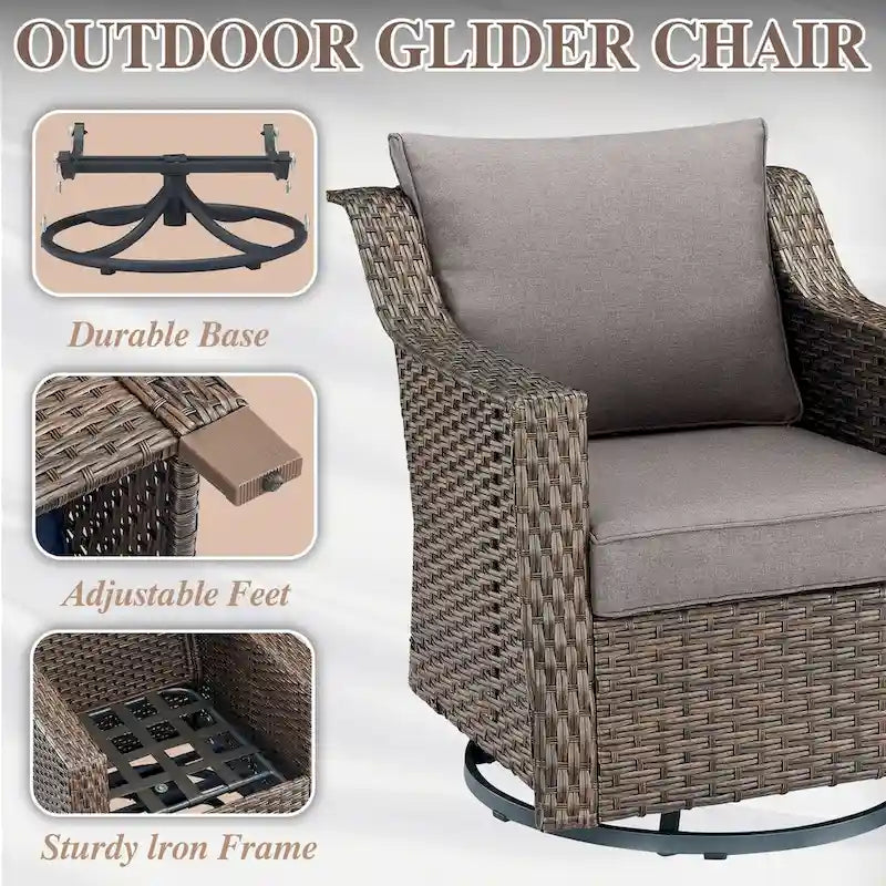 Set da 3 Poltrone Scorrevoli in Rattan da Esterno con Tavolino in Vetro - Marrone