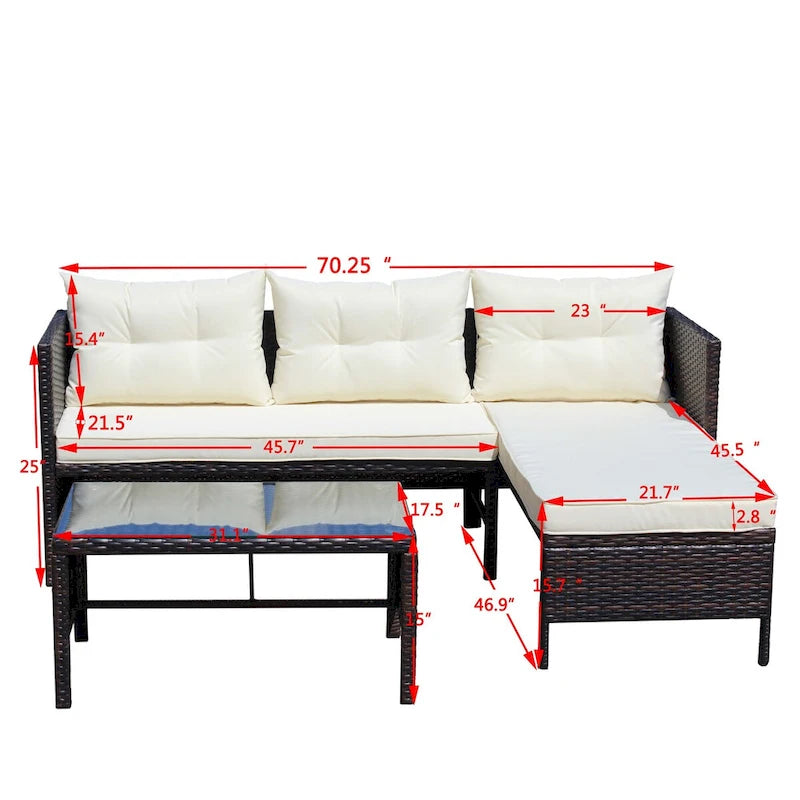 Set Divano Sezionale da Esterno a 3 Pezzi in Rattan PE con Cuscini e Tavolo in Vetro Temperato
