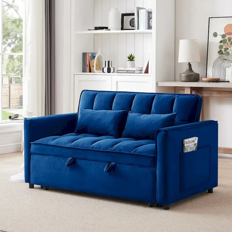Divano letto futon convertibile 3-in-1 da 55,1 pollici, moderno in velluto, con schienale regolabile, borsa portaoggetti e cuscino