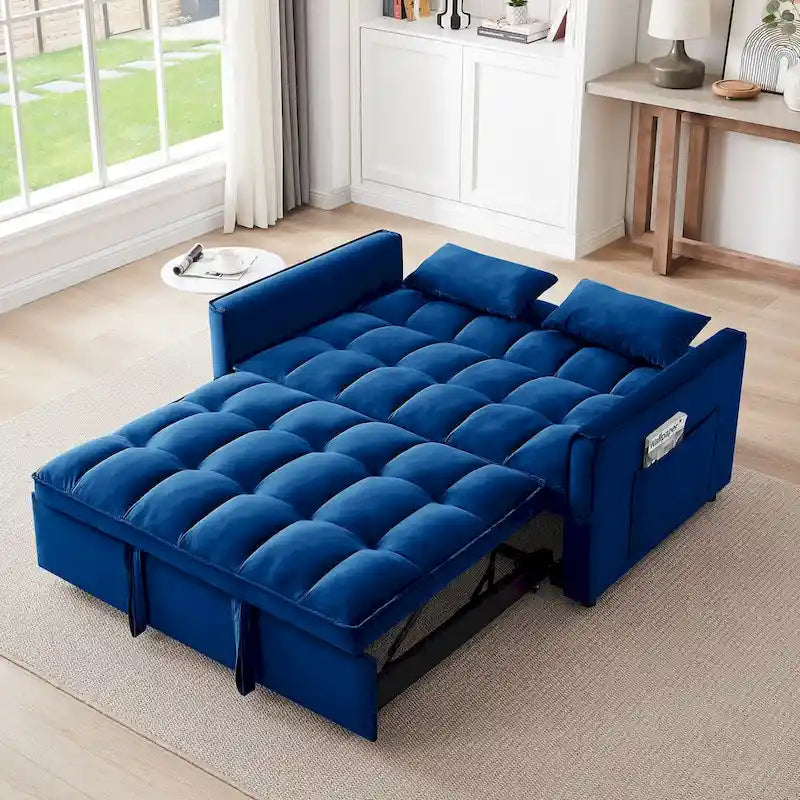 Divano letto futon convertibile 3-in-1 da 55,1 pollici, moderno in velluto, con schienale regolabile, borsa portaoggetti e cuscino