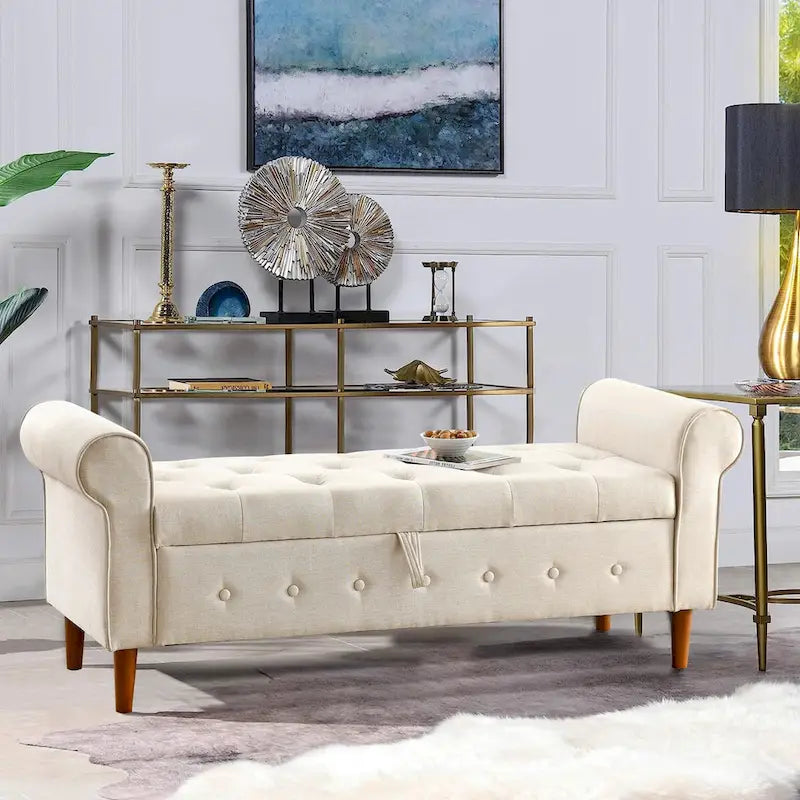Panca da Stoccaggio con Bottoni Capitonnè, 62 Pollici, Panca da Finestra, con Braccioli Arrotondati per Camera da Letto, Salotto