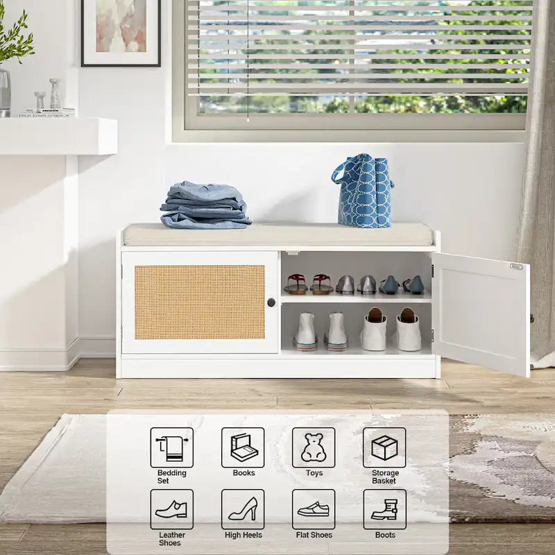 Anmytek Panca Scarpiera Bianca per Ingresso con Cuscino e Ripiani Regolabili - 101,1 cm L x 39,9 cm P x 45,7 cm H