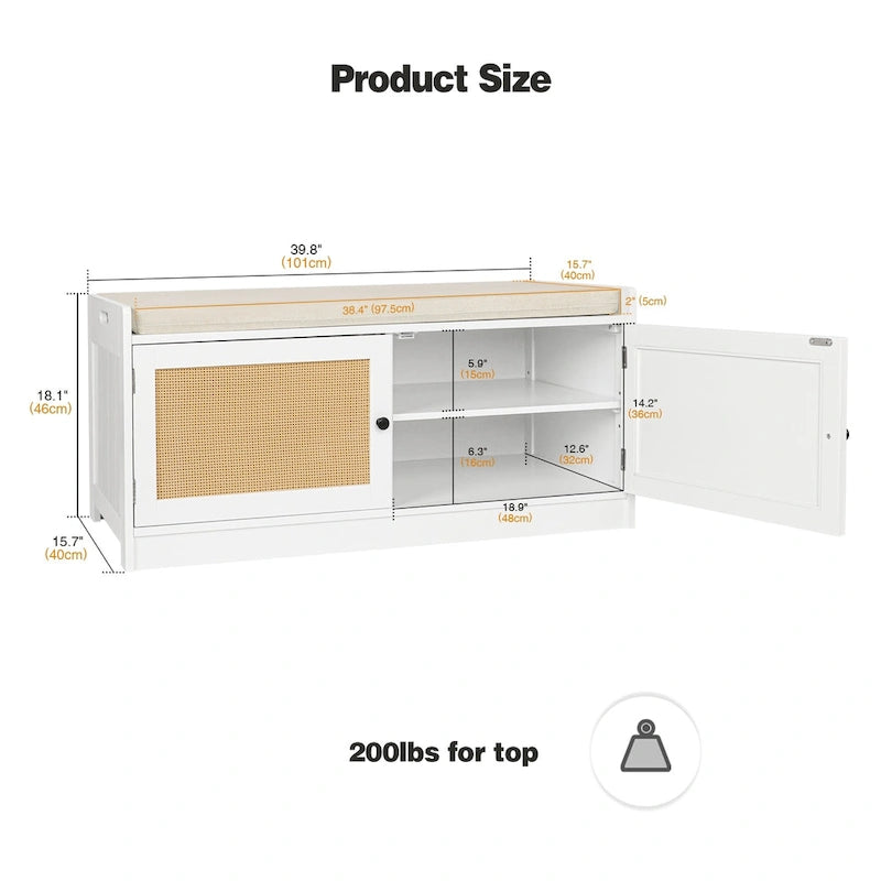 Anmytek Panca Scarpiera Bianca per Ingresso con Cuscino e Ripiani Regolabili - 101,1 cm L x 39,9 cm P x 45,7 cm H