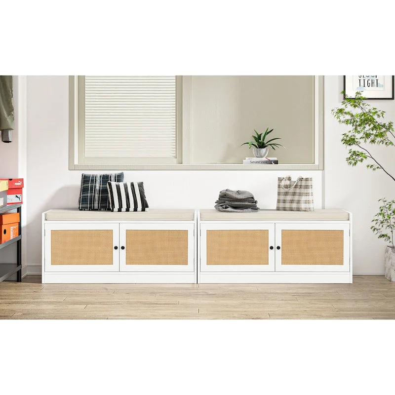 Anmytek Panca Scarpiera Bianca per Ingresso con Cuscino e Ripiani Regolabili - 101,1 cm L x 39,9 cm P x 45,7 cm H
