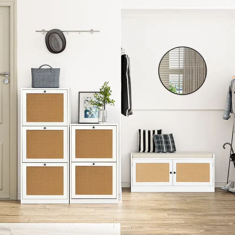 Anmytek Panca Scarpiera Bianca per Ingresso con Cuscino e Ripiani Regolabili - 101,1 cm L x 39,9 cm P x 45,7 cm H