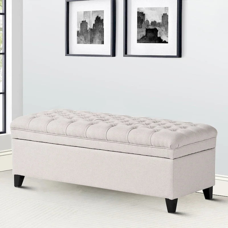 Banc de rangement capitonné classique et élégant avec assise décorée de boutons touffetés