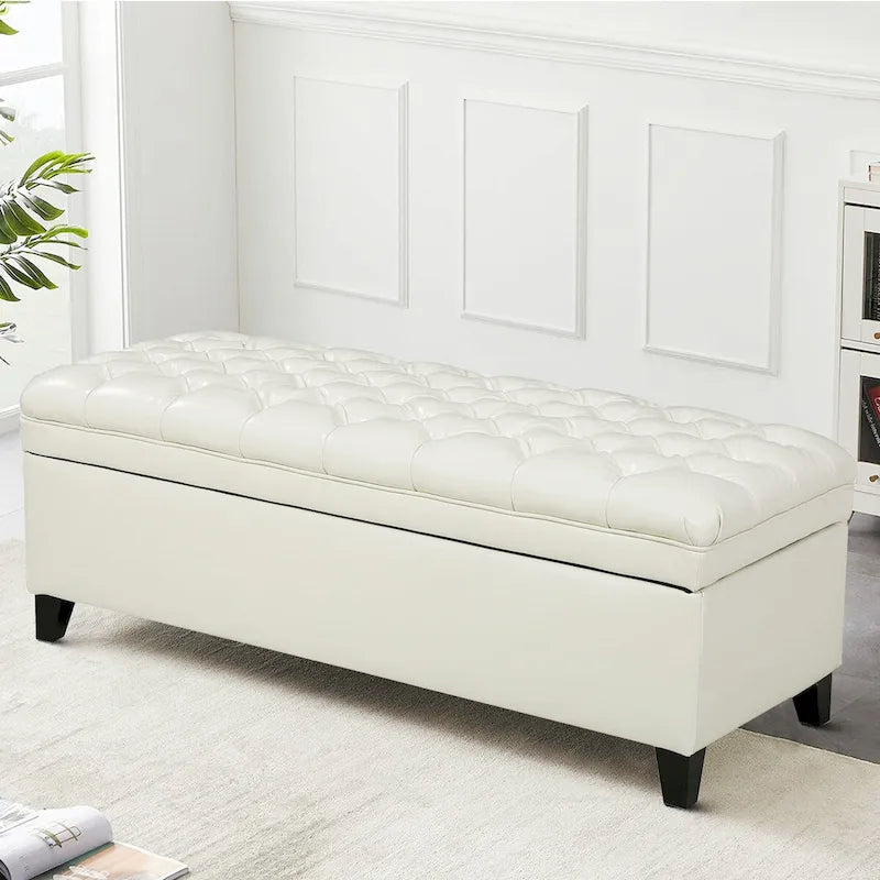 Banc de rangement capitonné classique et élégant avec assise décorée de boutons touffetés