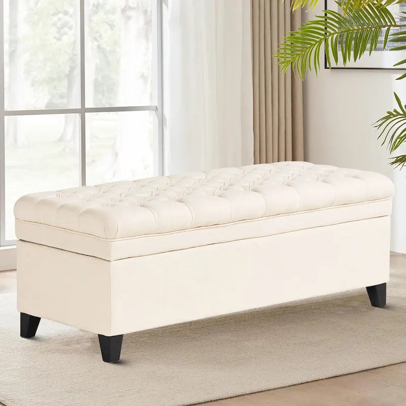 Banc de rangement capitonné classique et élégant avec assise décorée de boutons touffetés