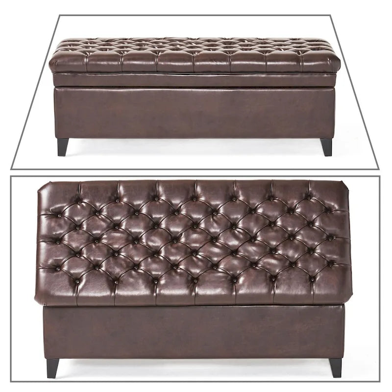 Panca contenitore classica ed elegante rivestita in tessuto con seduta decorata a bottoni capitonné
